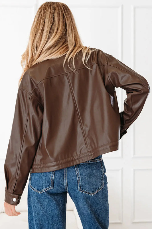 Chicory coffee double flap pocket drawstring hem leather jacket