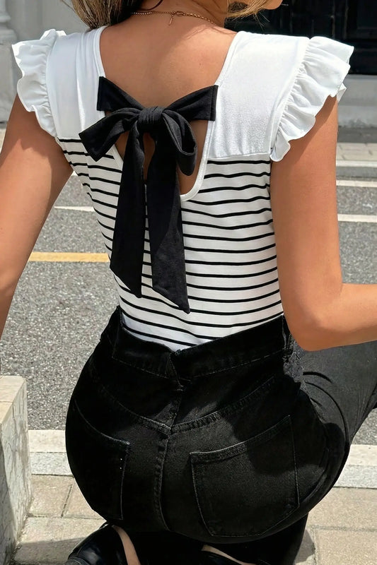 White stripe contrast ruffle trim tank top — front view, round neckline | Fashionfitz UK