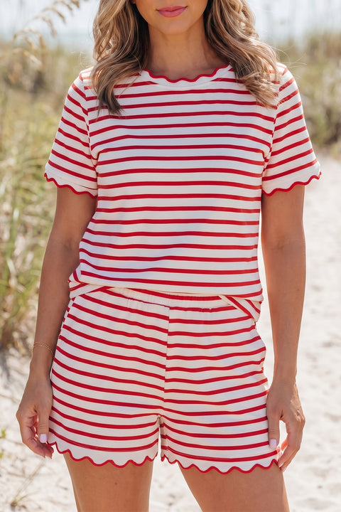Red and white striped scallop trim top and shorts co-ord set front view — Fashionfitz UK