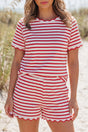 Red and white striped scallop trim top and shorts co-ord set front view — Fashionfitz UK