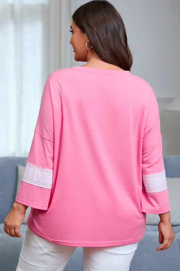 Back view of star patch colorblock bracelet sleeve plus size tee