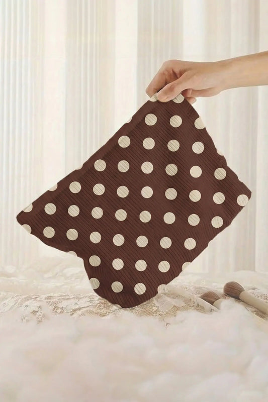 Women's polka dot corduroy makeup bag open view storage