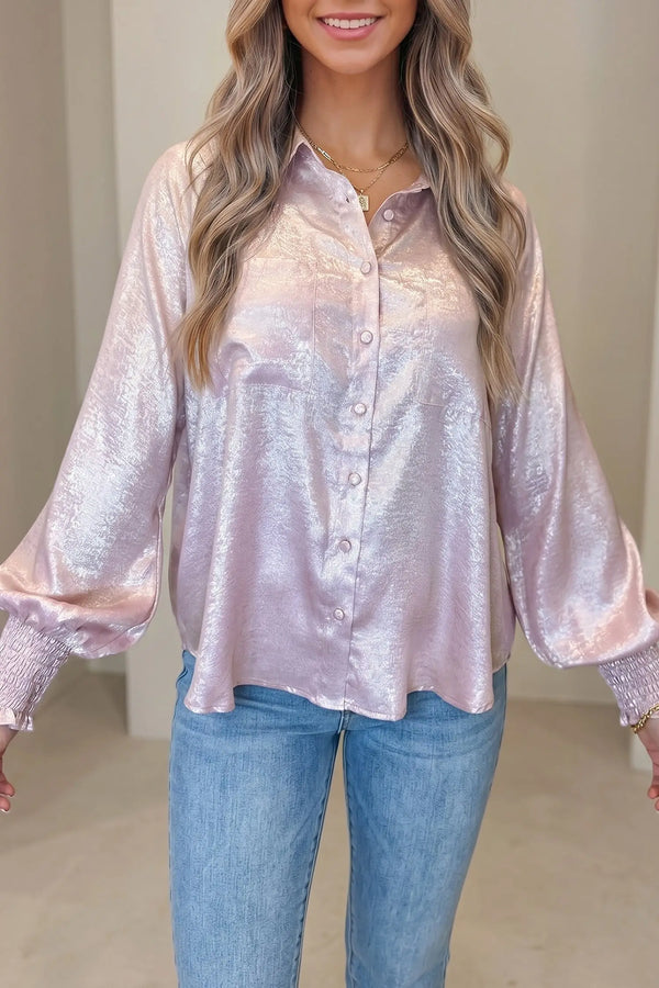 Button front ruffle cuffs back panelling blouse back view — Fashionfitz UK