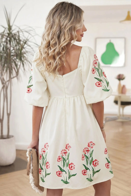 Beige floral print puff sleeve babydoll dress