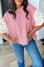 Red Stripe Floral Puff Sleeve Patchwork Round Neck Loose Top