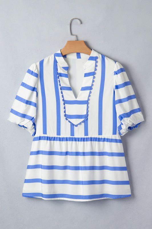 Striped Split V-Neck Puff Sleeve Scalloped Trim Blouse