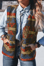 Multicolour Western Print Faux Fur Metal Zipper Insert Pockets Sleeveless Vest