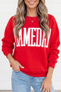 GAMEDAY embroidered patch sweatshirt in red — front view full length on model