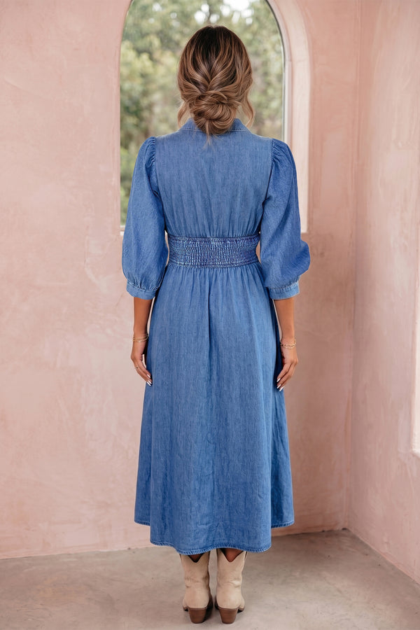 V Neck Shirred Waist Metal Zipper Denim Midi Dress Women UK