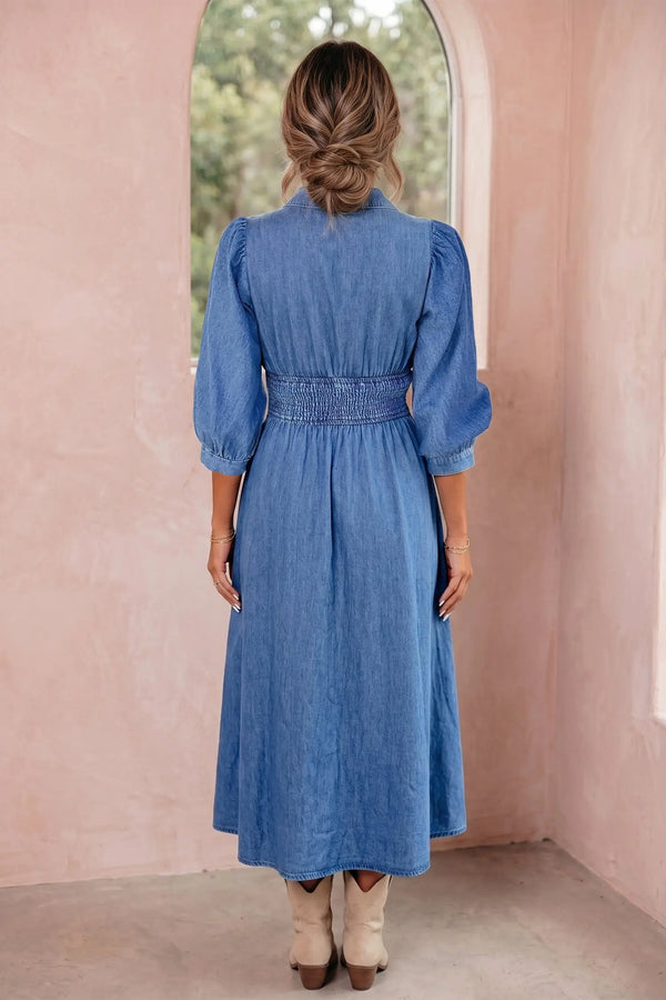 Denim midi dress back view — Fashionfitz UK