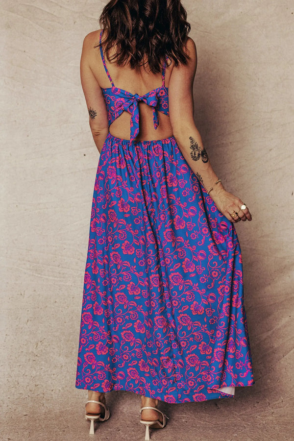 Blue Floral Twisted V Neck Tied Backless Maxi Dress Women UK — back view