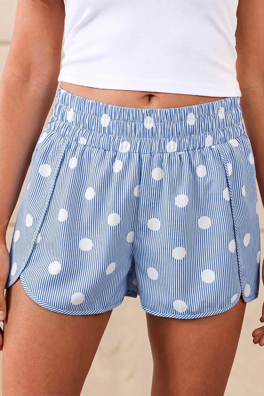 Sky blue polka dot print shirred high waist casual shorts