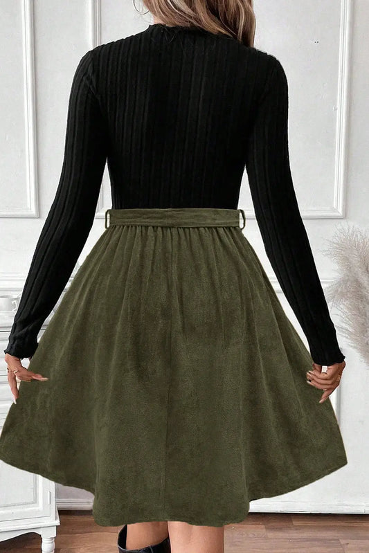 Black ribbed knit slim patchwork belted mini dress