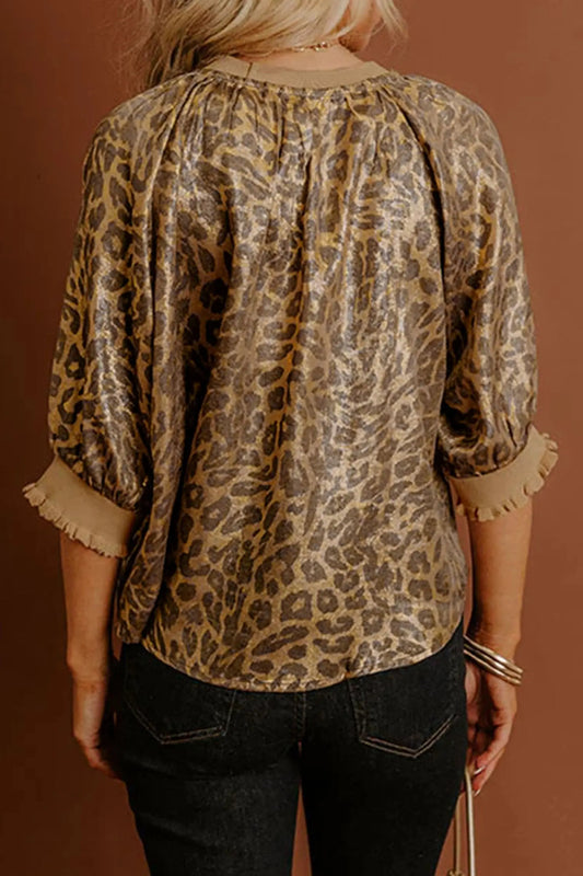 Shimmering metallic leopard print close-up on gold half sleeve blouse | Fashionfitz