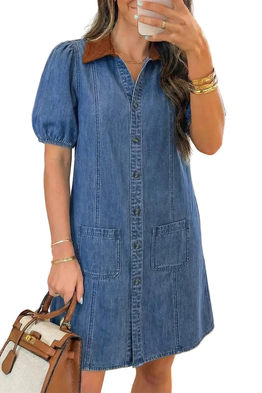 Denim Puff Sleeve Shirt Collar Mini Dress