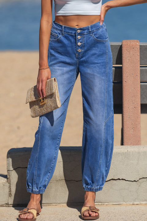 4 Button Front Tapered Leg Elastic Cuff Jeans Women UK