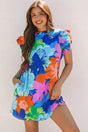 Beige Floral Smocked Bust Bubble Sleeve Babydoll Dress Women UK