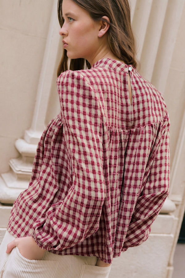 Plaid Long Sleeve Button Keyhole Pleated Loose Blouse Women UK