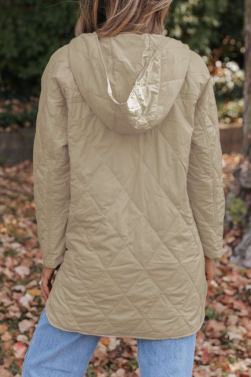 Back view of Khaki Quilted Puffer Jacket – Hooded Snap Button Coat showing diamond quilted pattern and hood, ideal for fall outerwear layering.