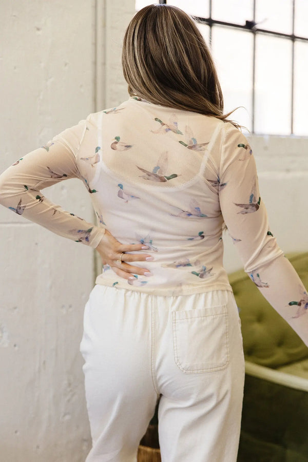 Western print mesh sheer long sleeve top back view — Fashionfitz UK