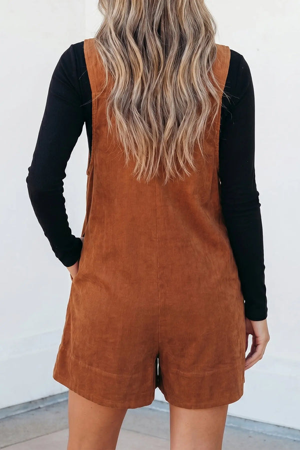 Cinnamon Corduroy Sleeveless Romper Tie V-Neck — side view | Fashionfitz UK