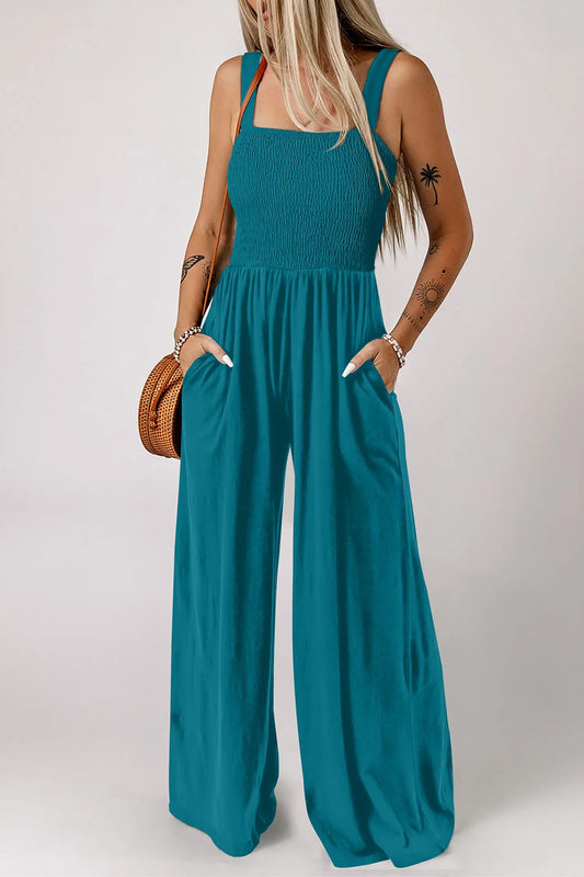Peacock blue smocked square neck sleeveless jumpsuit with pockets