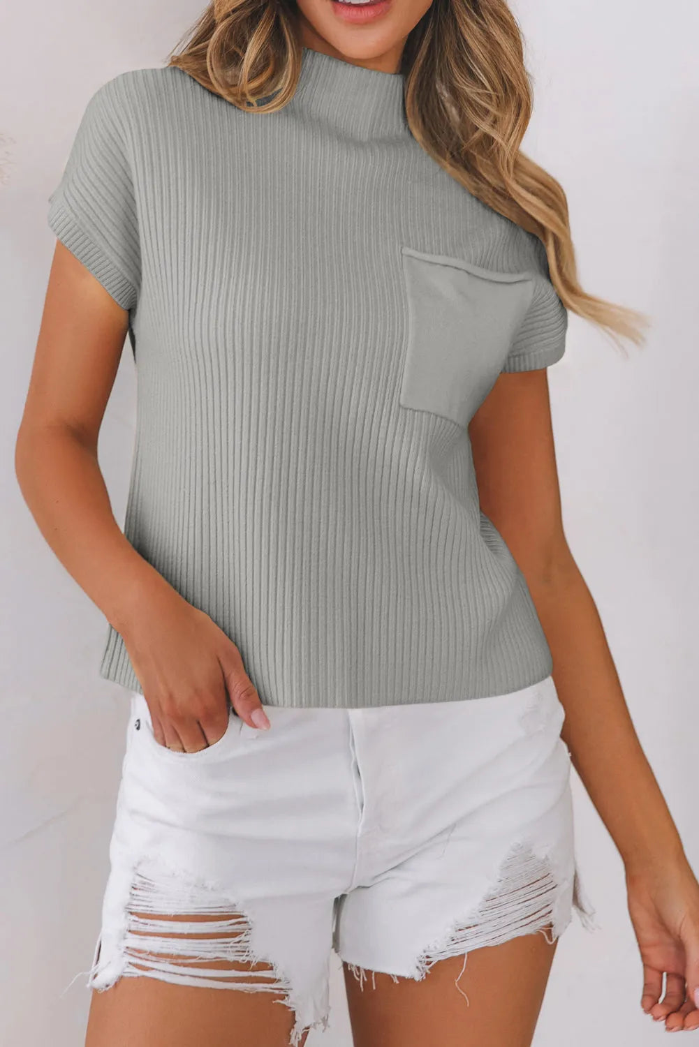 Gray Patch Pocket Ribbed Knit Short Sleeve Sweater - Fashionfitz