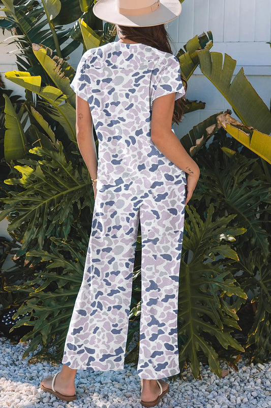 Camo twisted rib tee drawstring pants set short sleeve beige outfit sets