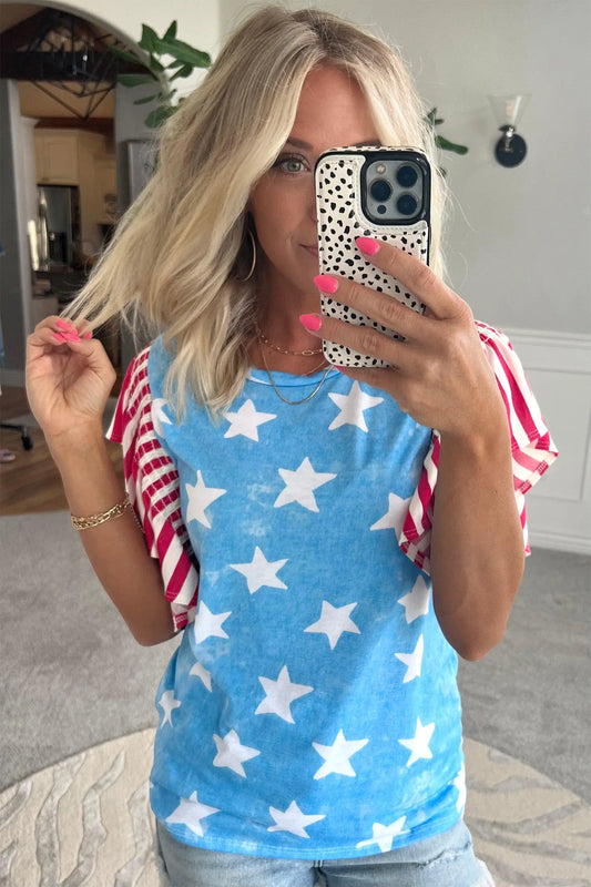Sky blue vintage star print striped ruffle sleeve top blouses