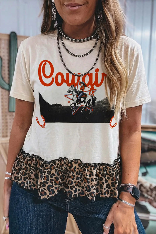 White retro cowgirl print leopard ruffle hem patchwork t shirt
