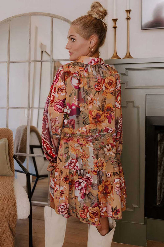 Back view of Retro Floral Ruffle Mini Dress showcasing tiered ruffles and vibrant autumn floral pattern, ideal for seasonal outings.