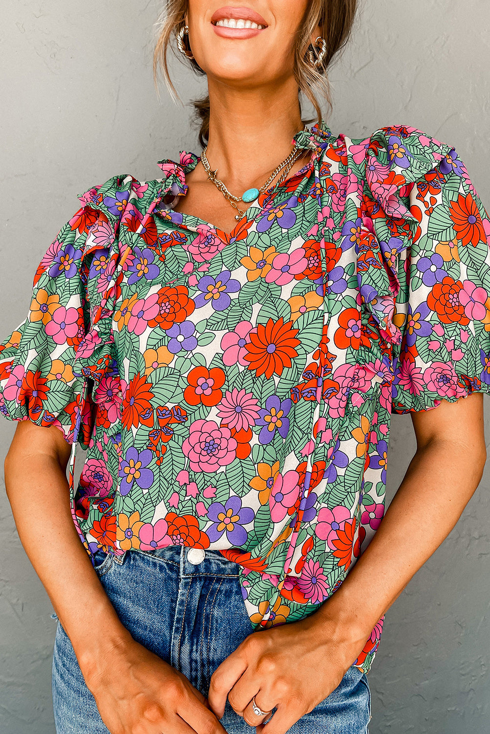 Red Floral Puff Sleeve Blouse