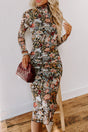 Floral allover print mock neck bodycon long sleeve midi dress in brown — front view