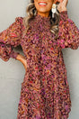 Red Floral Long Sleeve Shirred High Neck Mini Dress Women UK — front view