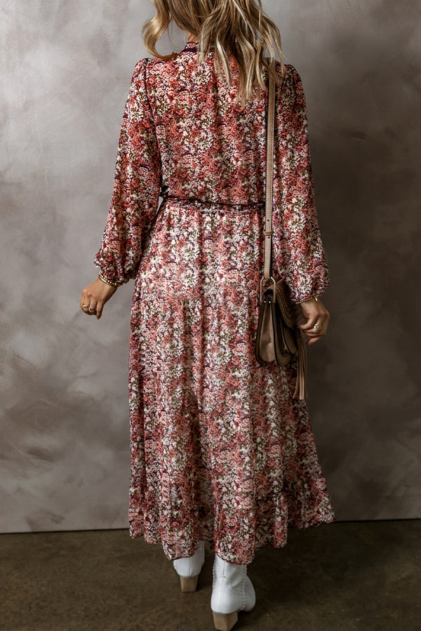 Brown Floral Split Front Tiered Frilled V Neck Midi Dress Women UK