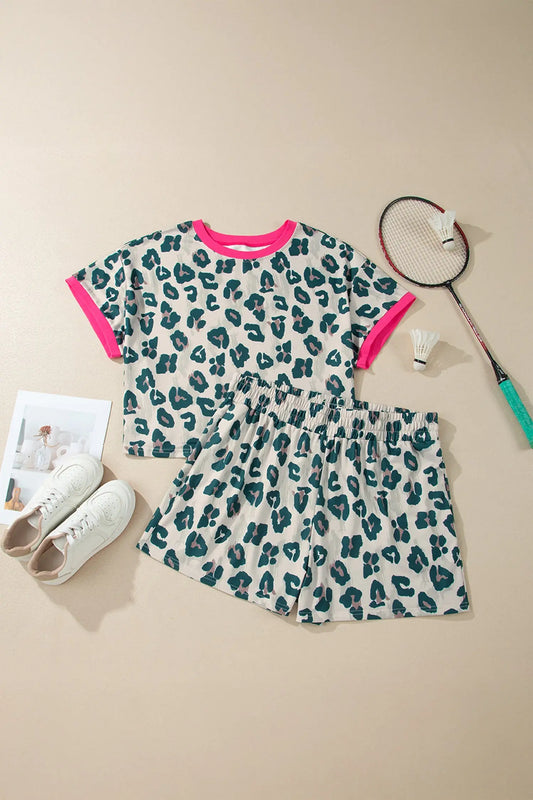 Plus size leopard colour block trim short sleeve top & shorts set outfit sets