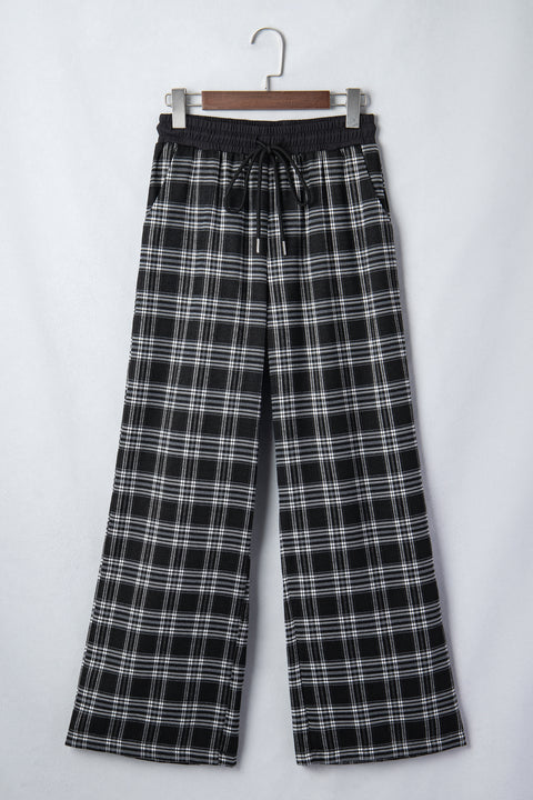 Plaid Contrast Drawstring Waist Wide Leg Trousers