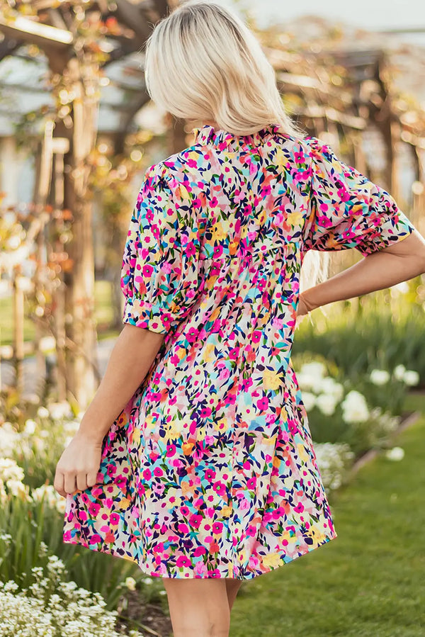 Pink Floral Puff Sleeve V Neck Mini Dress Women UK — back view