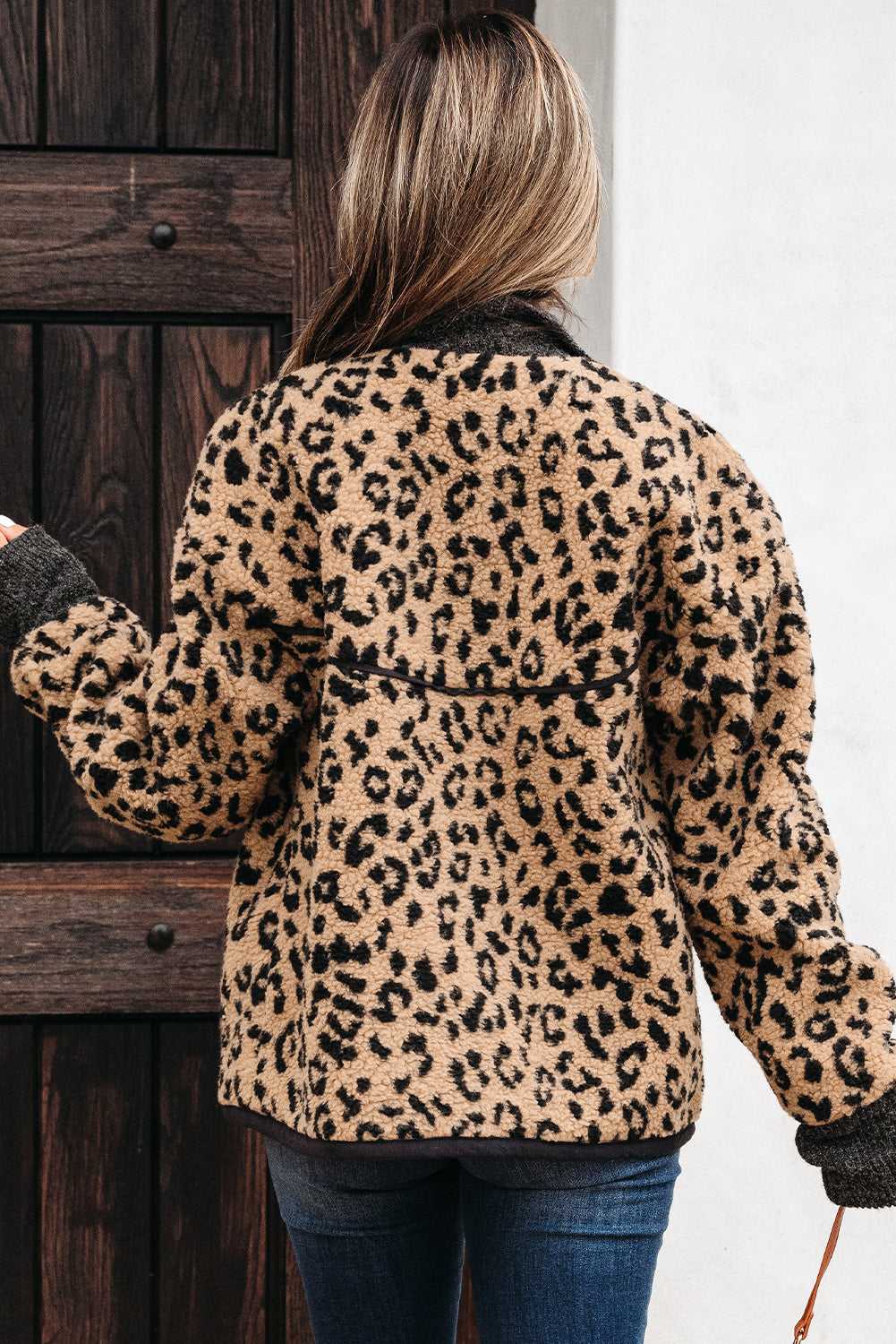Back view of Khaki Leopard Crop Jacket - Fleece Layering Piece showing full leopard print design and relaxed cropped fit.