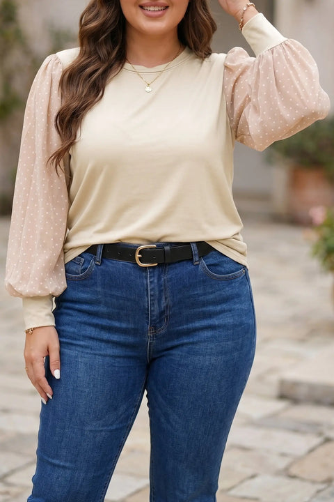 Parchment Polka Dot Long Sleeve Round Neck Plus Size Blouse Women UK