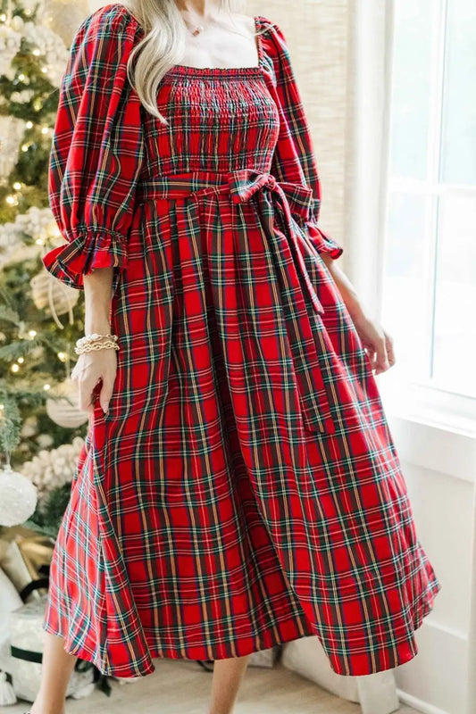 Red Green Tartan Plaid Flared Midi Dress