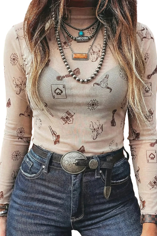 Oatmeal western print slim mesh mock neck top