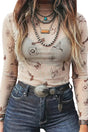 Oatmeal western print slim mesh mock neck top