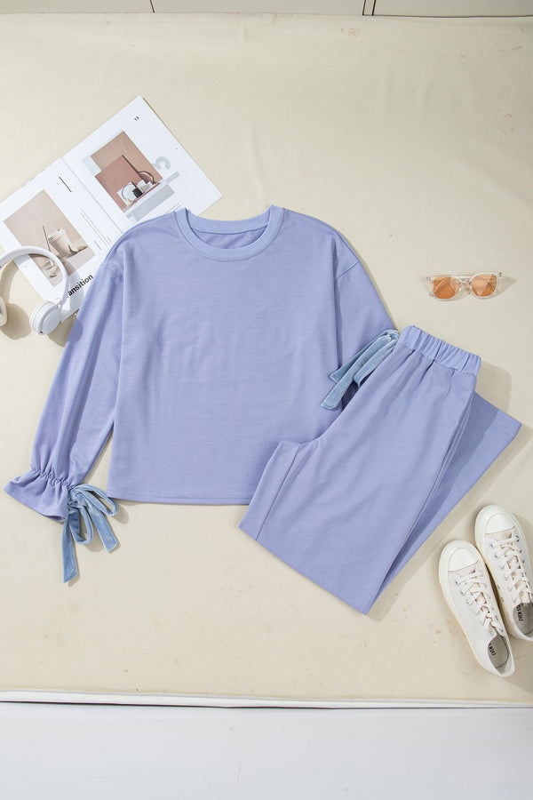 Velvet Bow Knot Flounce Long Sleeve Top & Pants Lounge Set Women UK