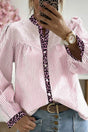 Leopard Pinstripe Contrast Patchwork Shirt Women UK in pink — front view showing pinstripe body and leopard contrast collar and cuffs — Fashionfitz