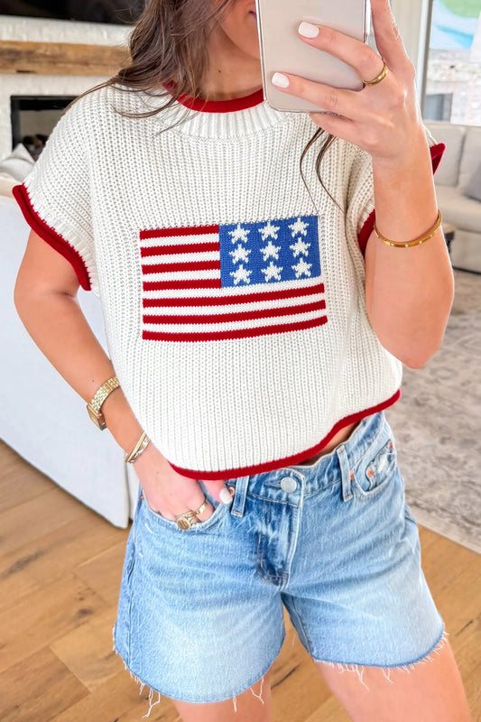 White flag print cropped short sleeve sweater