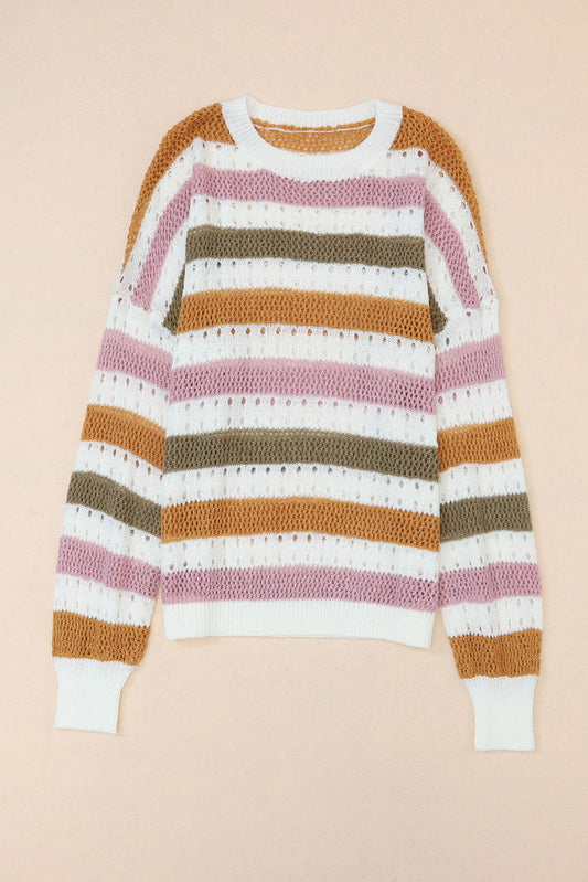 Knitted Loose Sweater - Striped Hollowed