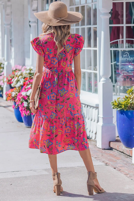 Rose flutter sleeve belted floral long midi dress