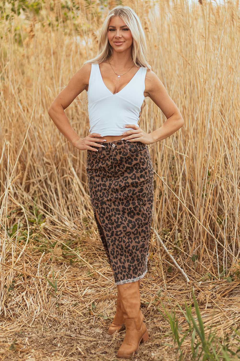 Leopard Denim Midi Skirt - Summer Fashion by FashionFitz styled for summer with sleeveless top and boots in outdoor scene.