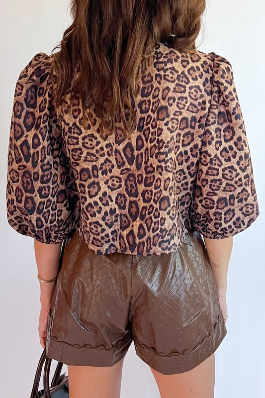 Close-up of bow tie neckline and puff sleeve detail on brown leopard print blouse Fashionfitz UK